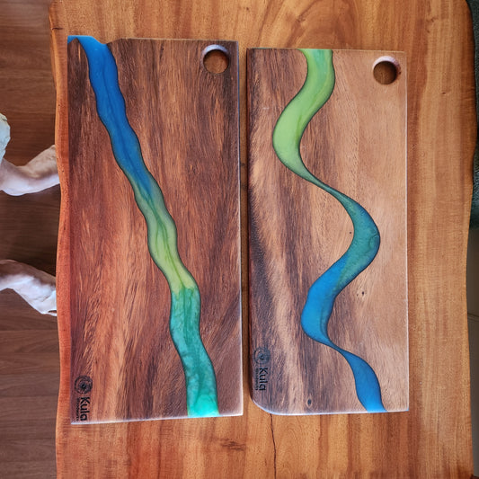 Monkey Pod Charcuterrie board with blue & green epoxy