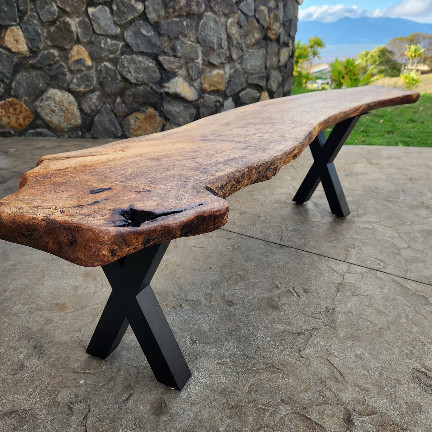 Live Edge Hawaiian Mango bench with black metal legs